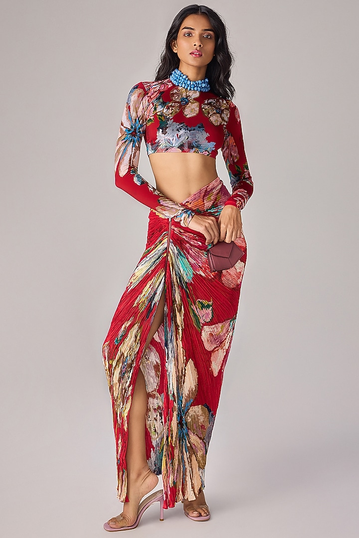 Red Poly Chiffon Floral Printed Pleated Maxi Skirt Set by Saaksha & Kinni at Pernia's Pop Up Shop