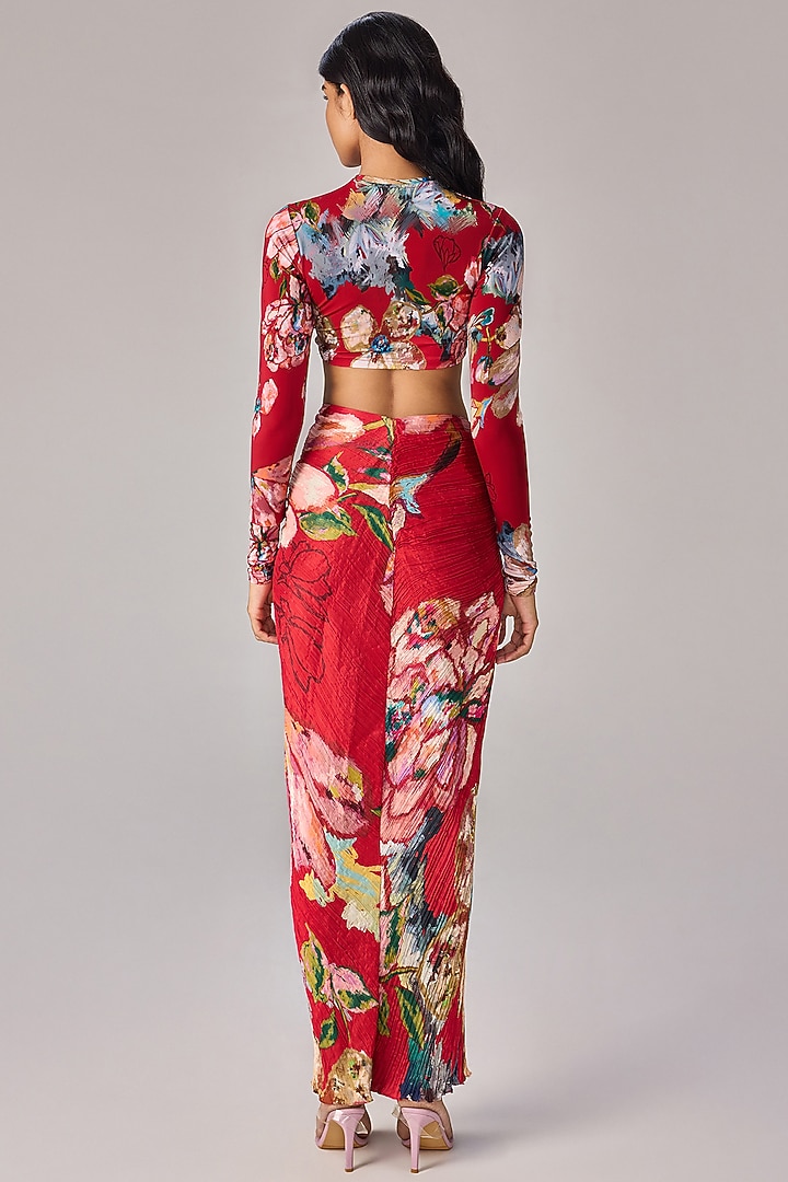 Red Poly Chiffon Floral Printed Pleated Maxi Skirt Set by Saaksha & Kinni at Pernia's Pop Up Shop