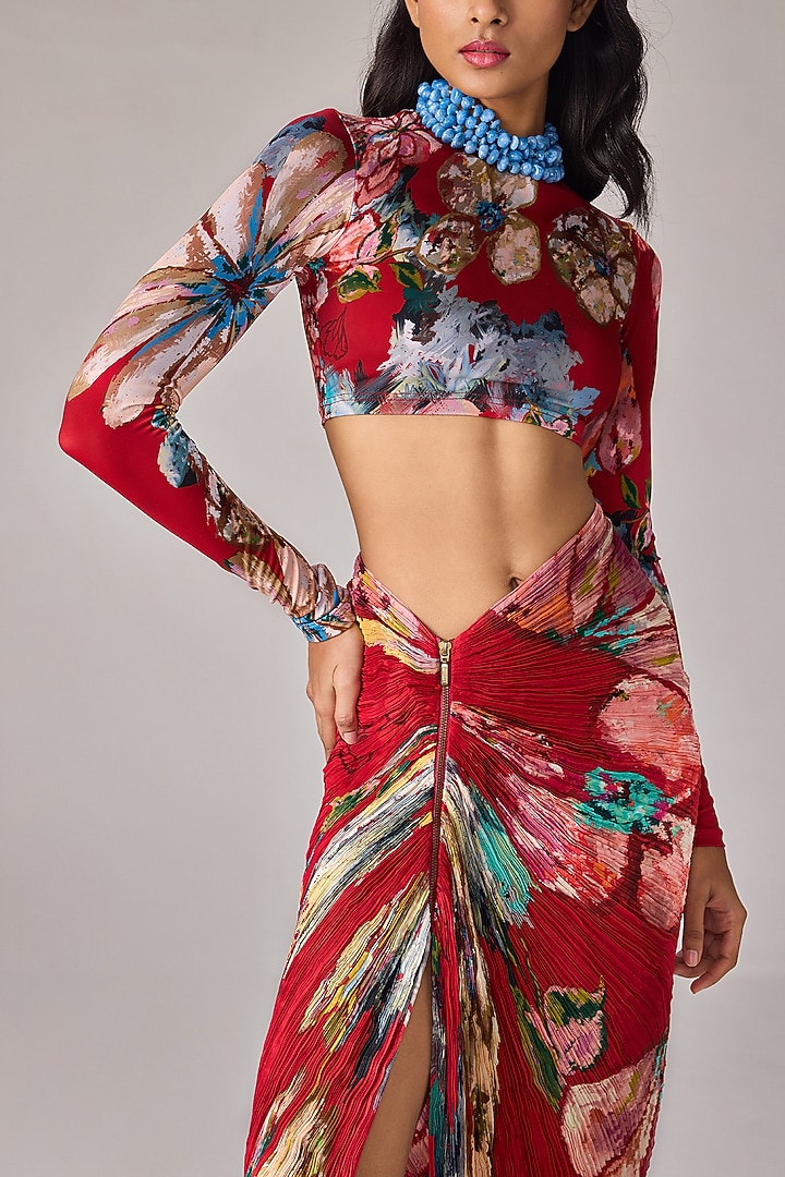 Red Poly Chiffon Floral Printed Pleated Maxi Skirt Set by Saaksha & Kinni at Pernia's Pop Up Shop
