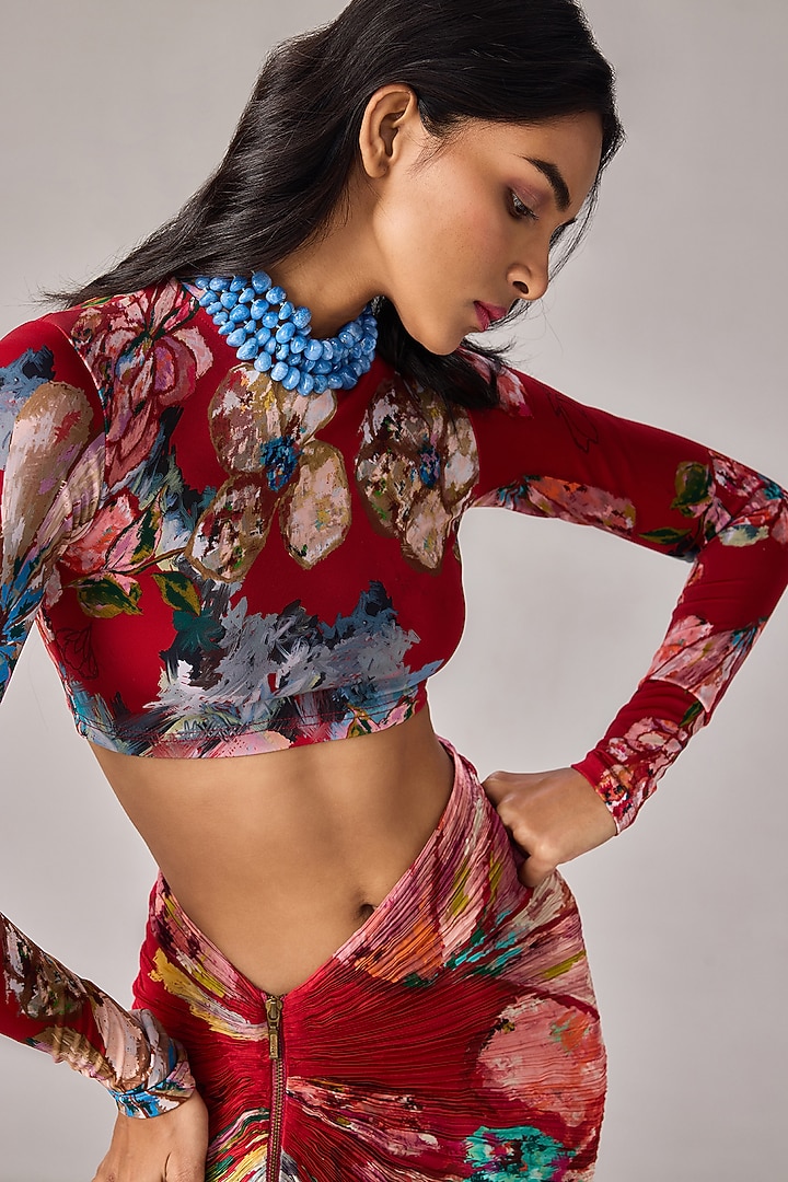 Red Poly Chiffon Floral Printed Pleated Maxi Skirt Set by Saaksha & Kinni at Pernia's Pop Up Shop