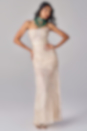 Ivory Poly Chiffon Floral Printed Corset Style Strapless Party Wear Gown by Saaksha & Kinni at Pernia's Pop Up Shop