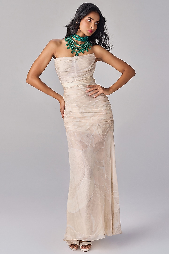 Ivory Poly Chiffon Floral Printed Corset Style Strapless Party Wear Gown by Saaksha & Kinni at Pernia's Pop Up Shop
