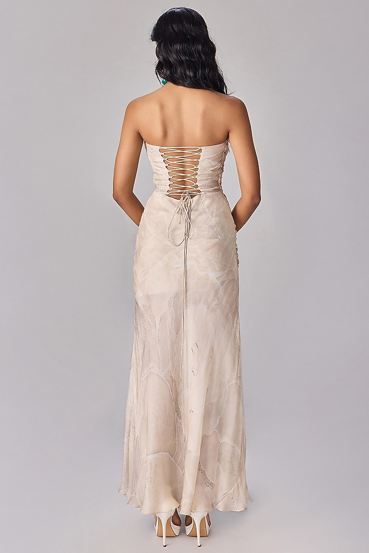 Ivory Poly Chiffon Floral Printed Corset Style Strapless Party Wear Gown by Saaksha & Kinni at Pernia's Pop Up Shop