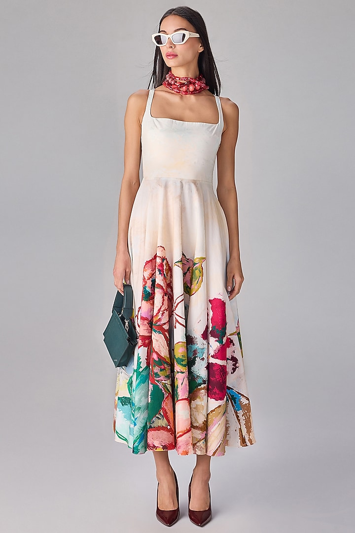 Ivory Poplin Floral Abstract Printed Midi Vacation Dress by Saaksha & Kinni at Pernia's Pop Up Shop