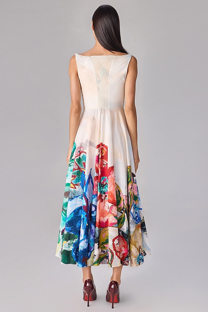 Ivory Poplin Floral Abstract Printed Midi Vacation Dress by Saaksha & Kinni at Pernia's Pop Up Shop