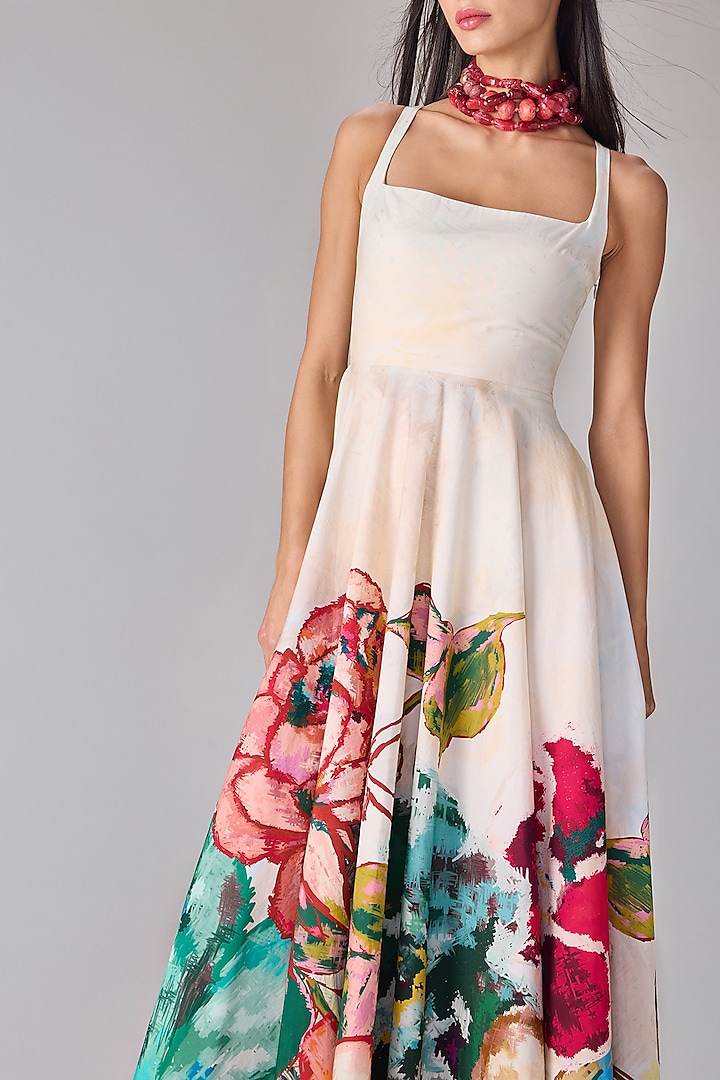 Ivory Poplin Floral Abstract Printed Midi Vacation Dress by Saaksha & Kinni at Pernia's Pop Up Shop