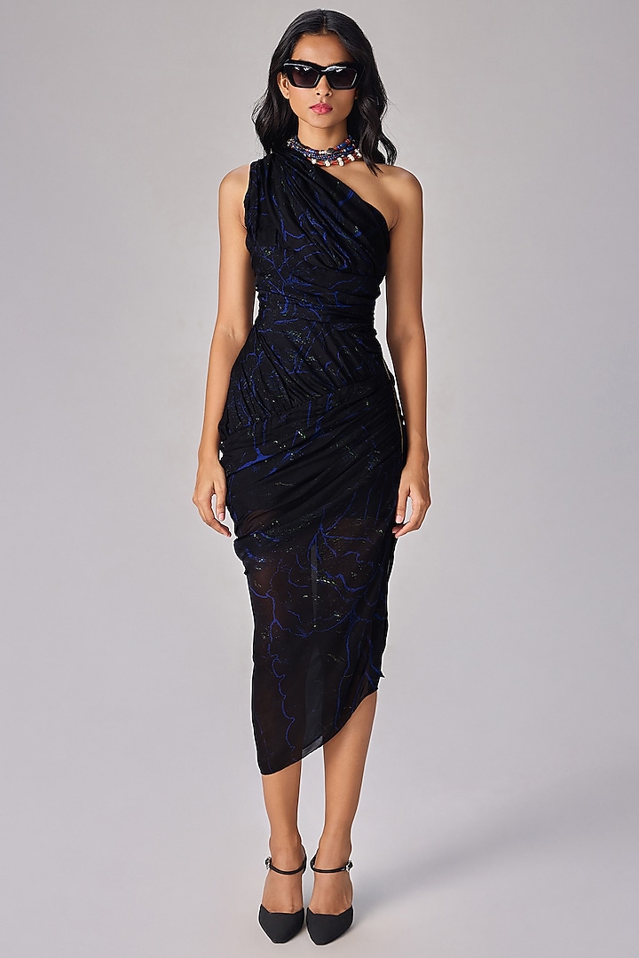 Black Chiffon Floral Abstract Printed Asymmetric One-Shoulder Vacation Dress by Saaksha & Kinni at Pernia's Pop Up Shop