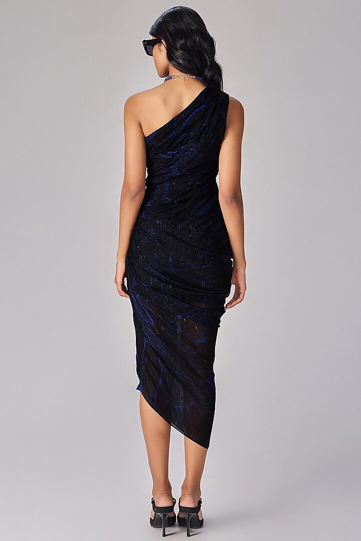 Black Chiffon Floral Abstract Printed Asymmetric One-Shoulder Vacation Dress by Saaksha & Kinni at Pernia's Pop Up Shop