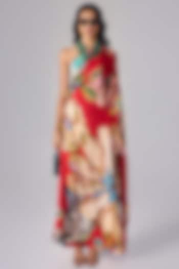 Red Crepe Floral Printed Asymmetric One-Shoulder Kaftan by Saaksha & Kinni at Pernia's Pop Up Shop