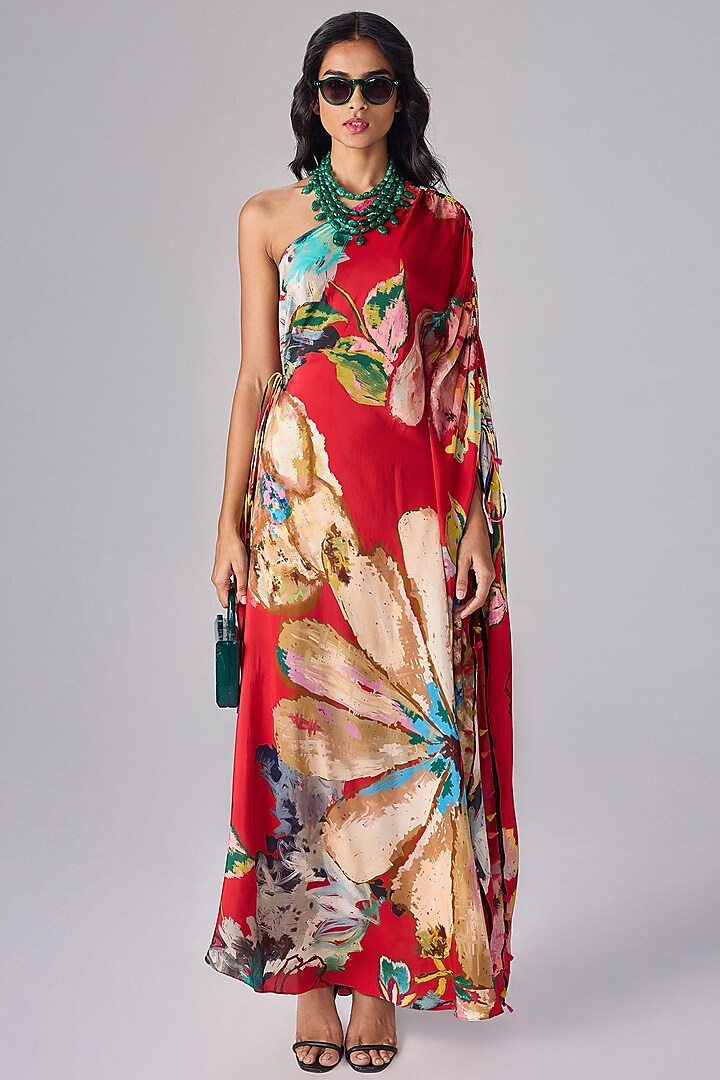 Red Crepe Floral Printed Asymmetric One-Shoulder Kaftan by Saaksha & Kinni at Pernia's Pop Up Shop