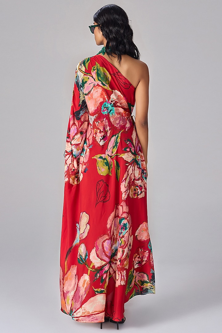 Red Crepe Floral Printed Asymmetric One-Shoulder Kaftan by Saaksha & Kinni at Pernia's Pop Up Shop