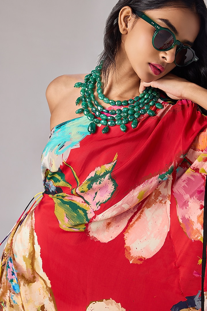 Red Crepe Floral Printed Asymmetric One-Shoulder Kaftan by Saaksha & Kinni at Pernia's Pop Up Shop