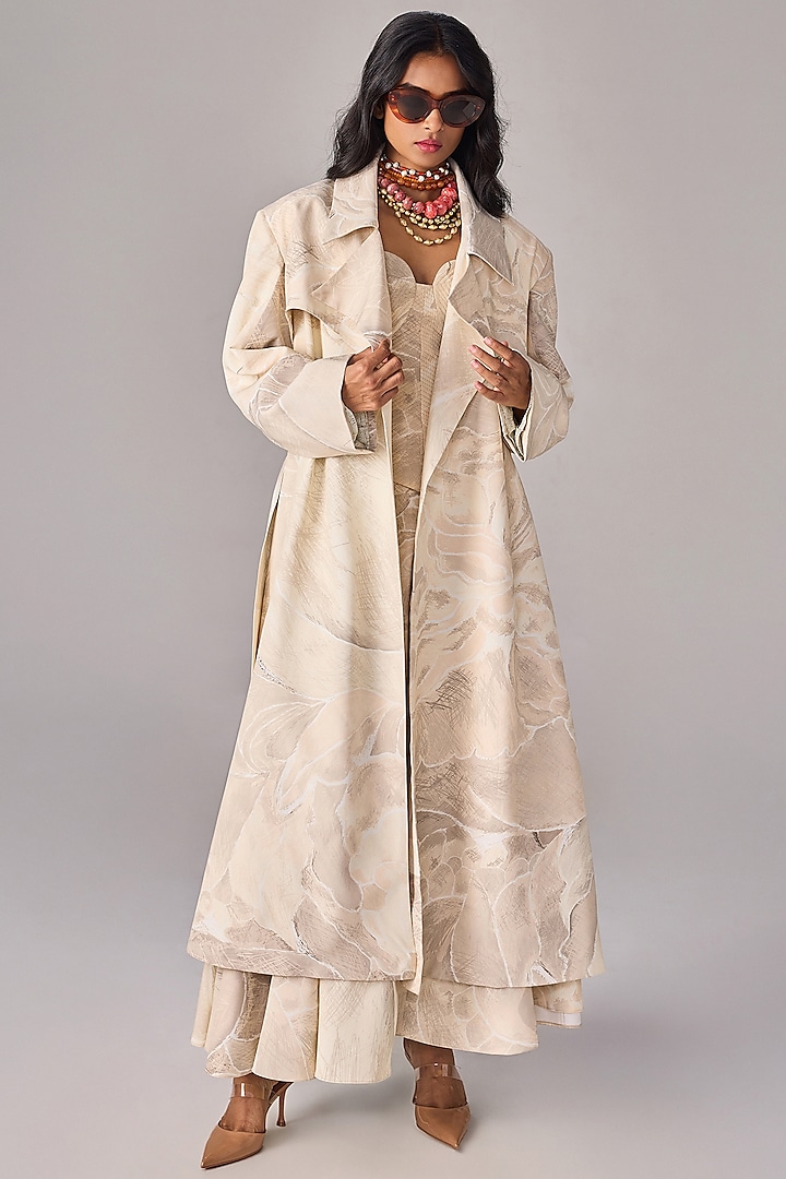 Ivory Crepe Floral Printed Oversized Trench Coat Set by Saaksha & Kinni at Pernia's Pop Up Shop