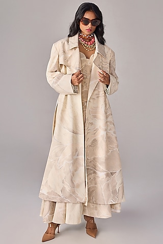 Ivory Crepe Floral Printed Oversized Trench Coat Set by Saaksha & Kinni