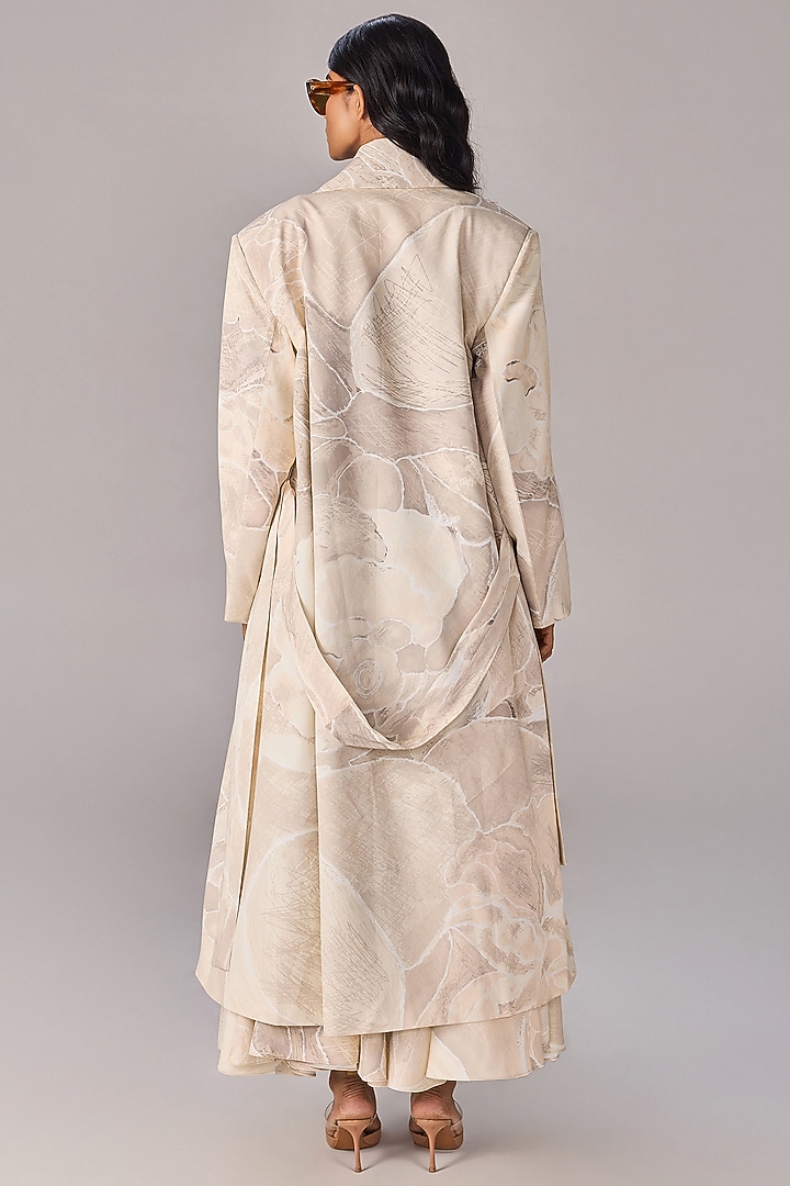 Ivory Crepe Floral Printed Oversized Trench Coat Set by Saaksha & Kinni at Pernia's Pop Up Shop