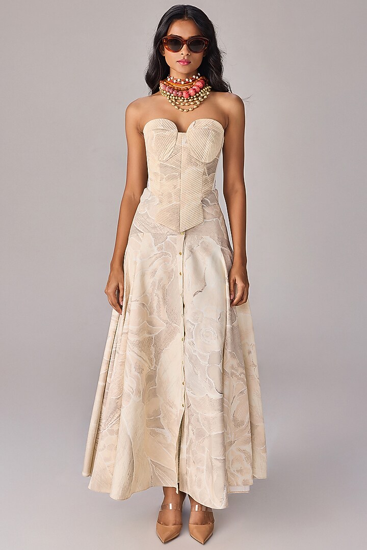 Ivory Crepe Floral Printed Oversized Trench Coat Set by Saaksha & Kinni at Pernia's Pop Up Shop