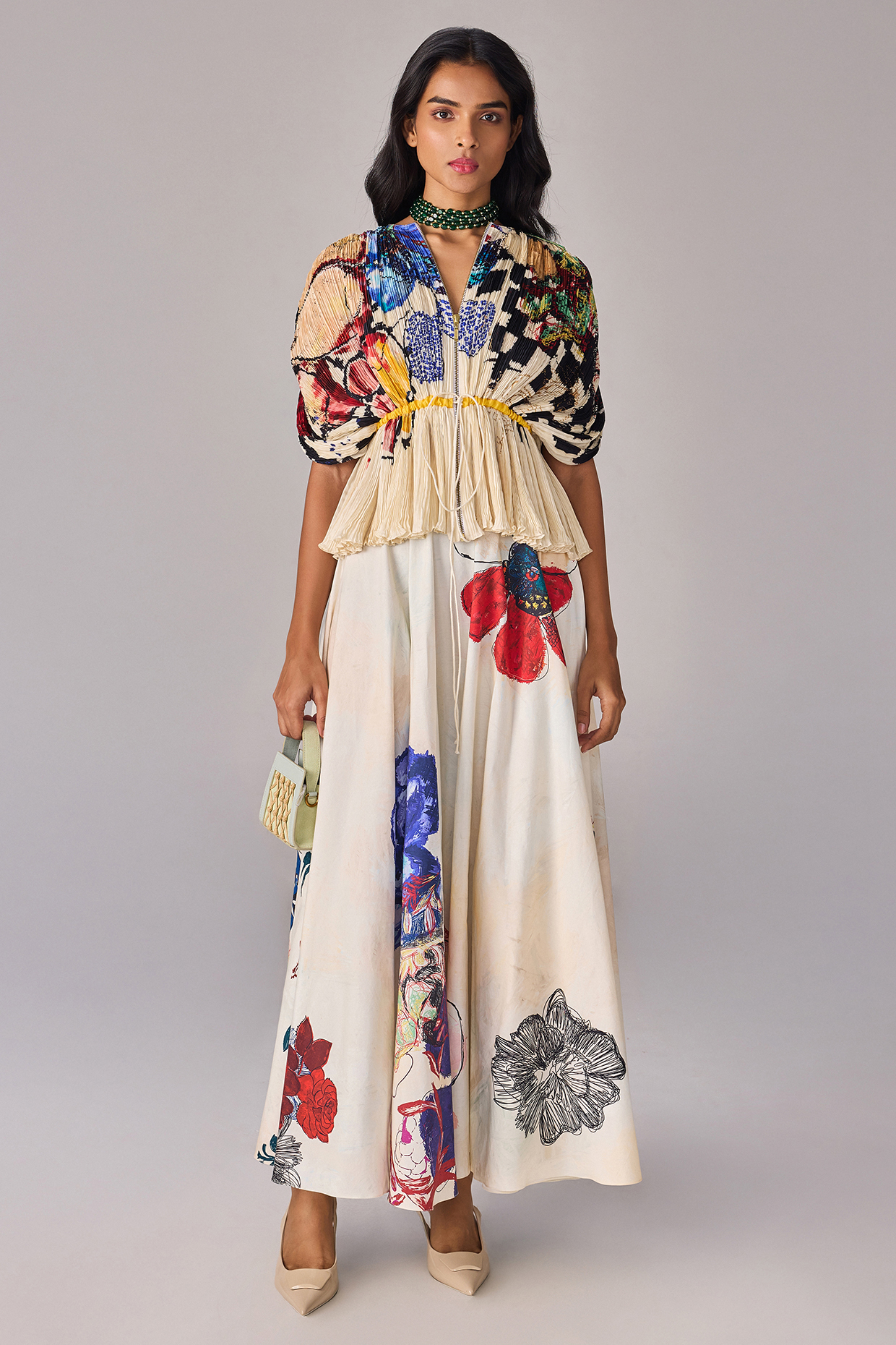 Multi-Colored Poplin Abstract Floral Printed HIgh-Waist Flared Maxi Skirt Set by Saaksha & Kinni at Pernia's Pop Up Shop