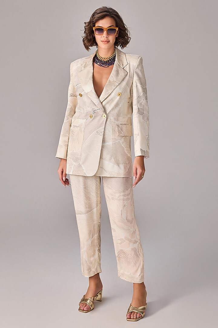 Ivory Crepe Abstract Floral Printed Blazer by Saaksha & Kinni at Pernia's Pop Up Shop