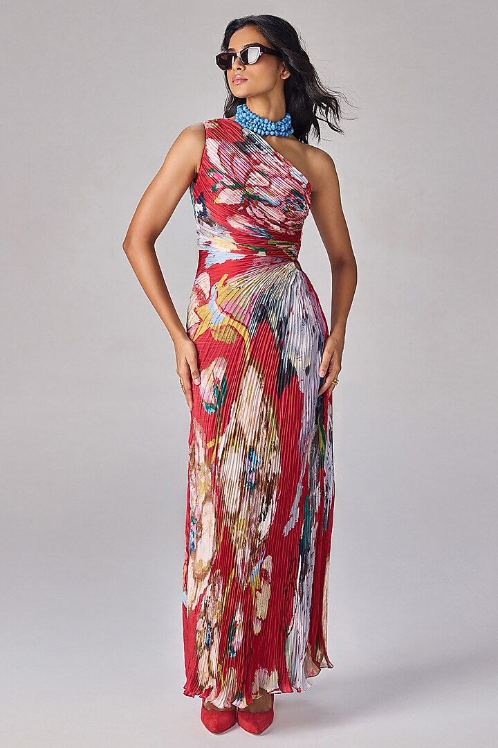 Multi-Colored Polyester Abstract Floral Printed One-Shoulder Maxi Vacation Dress by Saaksha & Kinni at Pernia's Pop Up Shop