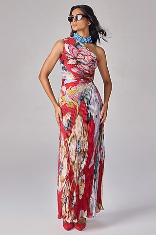 Multi-Colored Polyester Abstract Floral Printed One-Shoulder Maxi Dress by Saaksha & Kinni