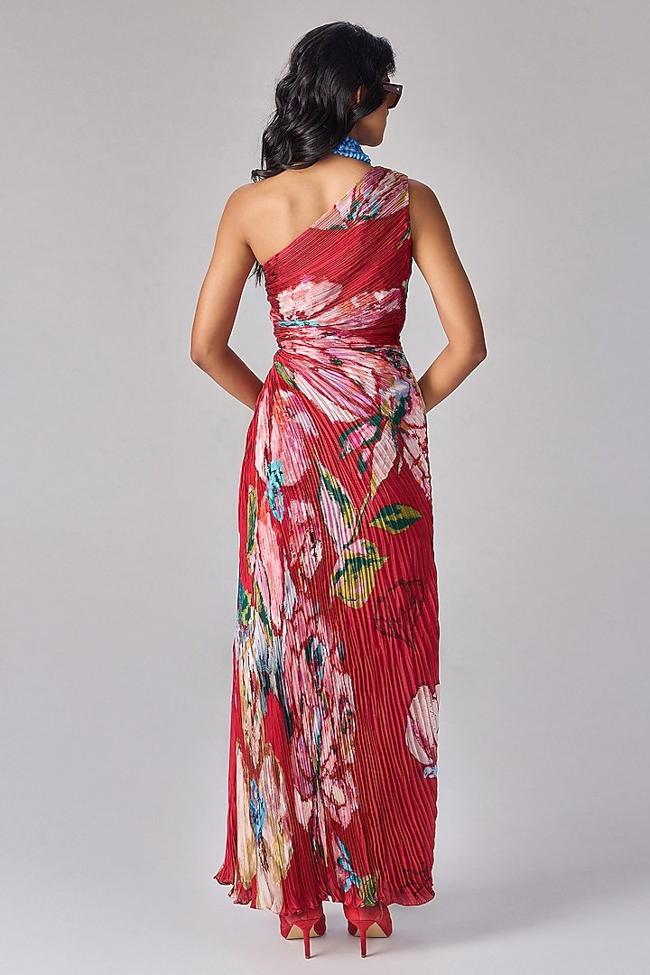 Multi-Colored Polyester Abstract Floral Printed One-Shoulder Maxi Vacation Dress by Saaksha & Kinni at Pernia's Pop Up Shop