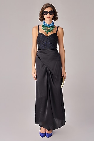 Black Satin Wrap Skirt Set by Saaksha & Kinni