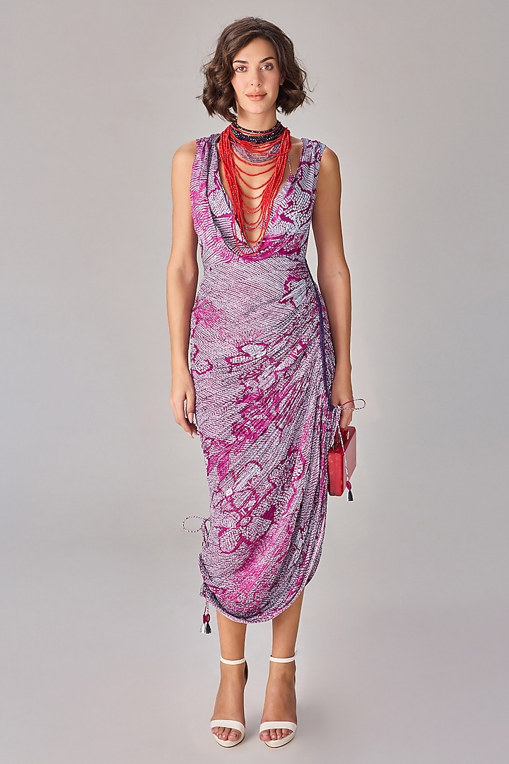Purple Chiffon Bandhani Printed Micro-Pleated Cocktail Dress by Saaksha & Kinni at Pernia's Pop Up Shop