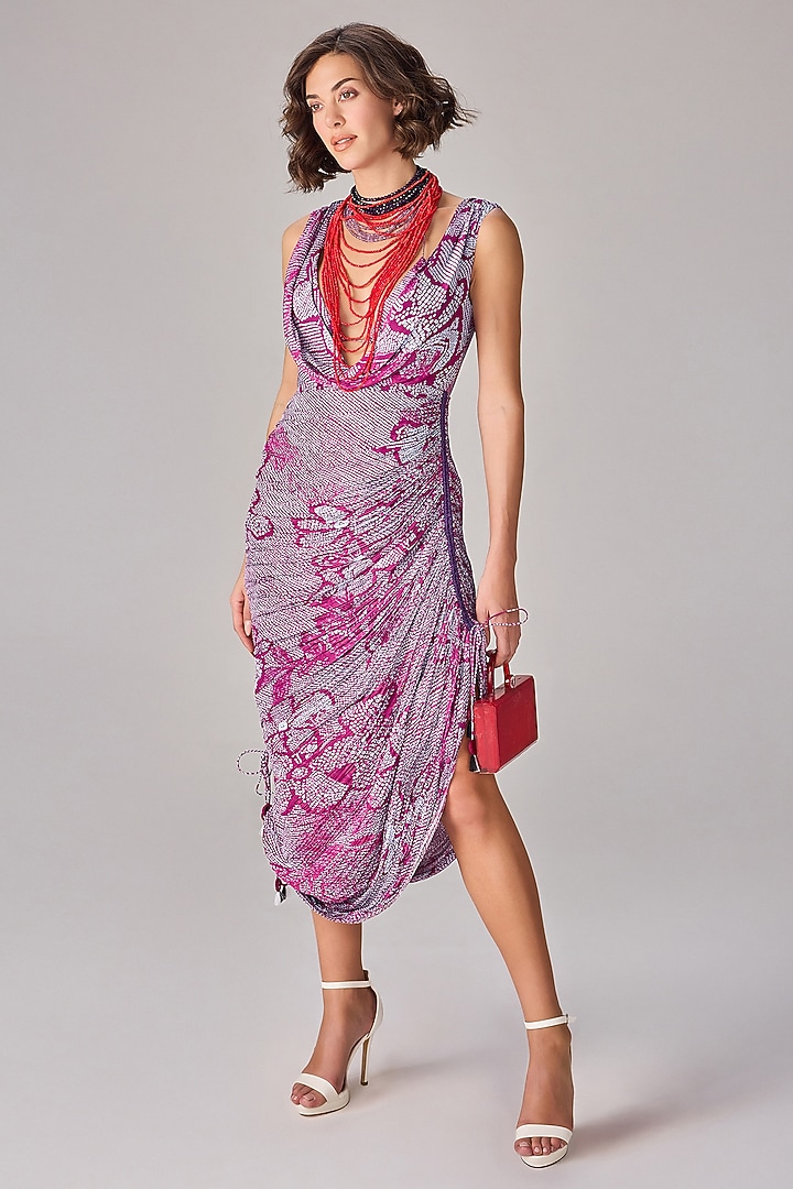 Purple Chiffon Bandhani Printed Micro-Pleated Cocktail Dress by Saaksha & Kinni at Pernia's Pop Up Shop