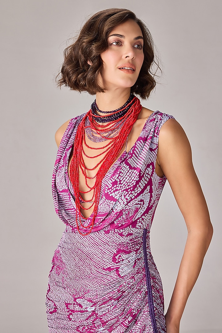 Purple Chiffon Bandhani Printed Micro-Pleated Cocktail Dress by Saaksha & Kinni at Pernia's Pop Up Shop