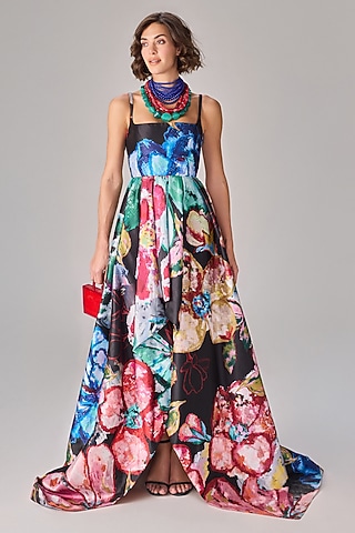 Multi-Colored Taffeta Floral Printed Trail Gown by Saaksha & Kinni