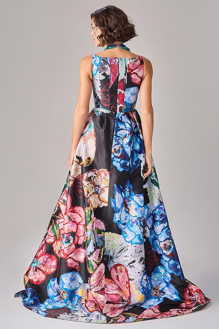 Multi-Colored Taffeta Floral Printed Trail Party Wear Gown by Saaksha & Kinni at Pernia's Pop Up Shop