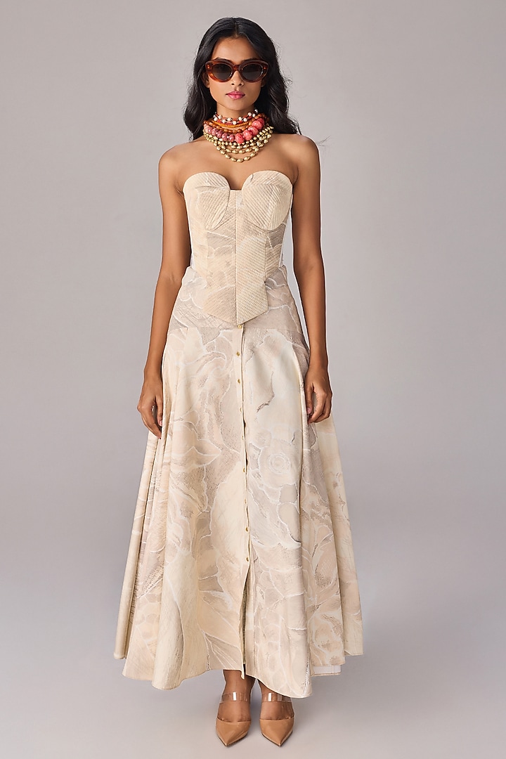 Ivory Crepe High-Waisted Maxi Skirt Set by Saaksha & Kinni at Pernia's Pop Up Shop