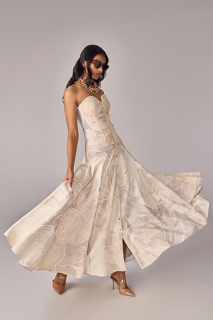 Ivory Crepe High-Waisted Maxi Skirt Set by Saaksha & Kinni at Pernia's Pop Up Shop