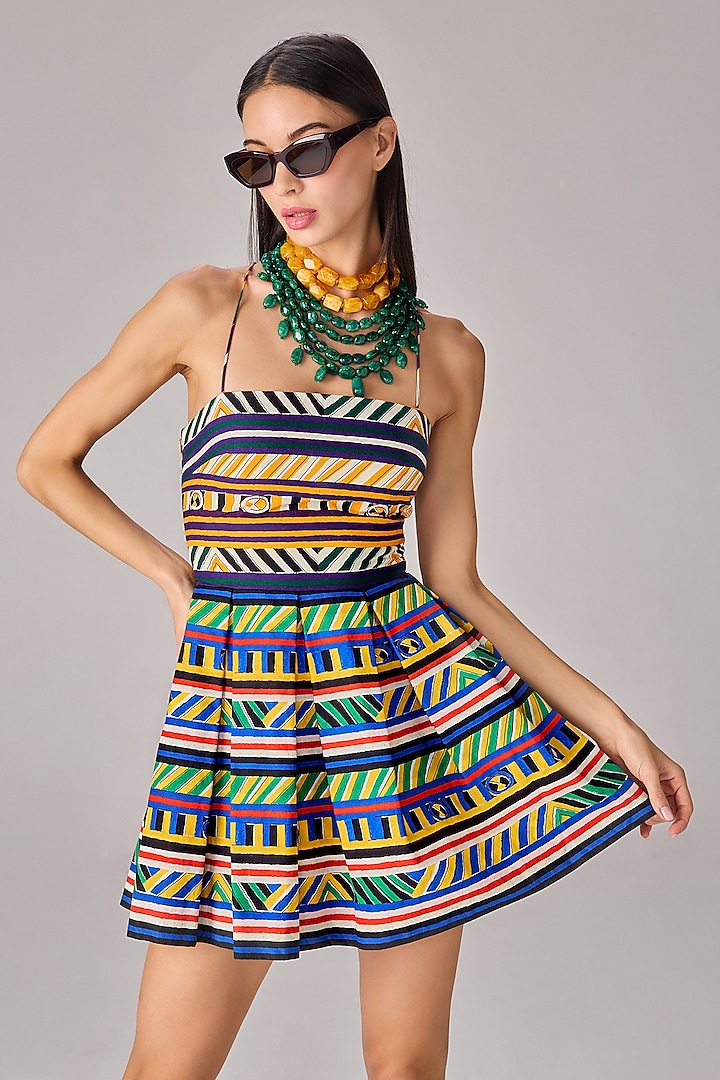 Multi-Colored Cambric Abstract Stripe Printed Mini Vacation Dress by Saaksha & Kinni at Pernia's Pop Up Shop