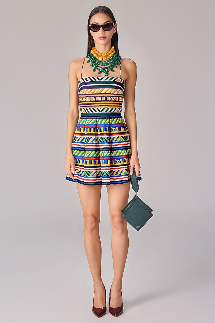 Multi-Colored Cambric Abstract Stripe Printed Mini Vacation Dress by Saaksha & Kinni at Pernia's Pop Up Shop