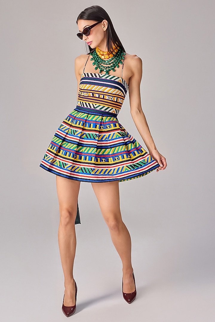 Multi-Colored Cambric Abstract Stripe Printed Mini Vacation Dress by Saaksha & Kinni at Pernia's Pop Up Shop