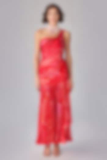 Pink Chiffon Abstract Floral Printed One-Shoulder Maxi Cocktail Dress by Saaksha & Kinni at Pernia's Pop Up Shop