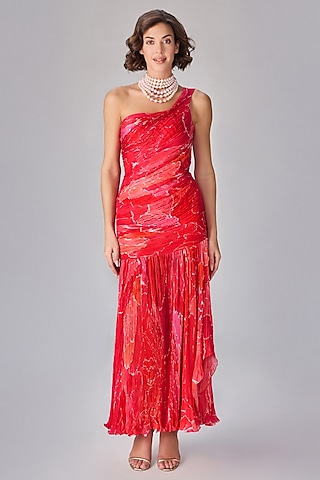Pink Chiffon Abstract Floral Printed One-Shoulder Maxi Dress by Saaksha & Kinni