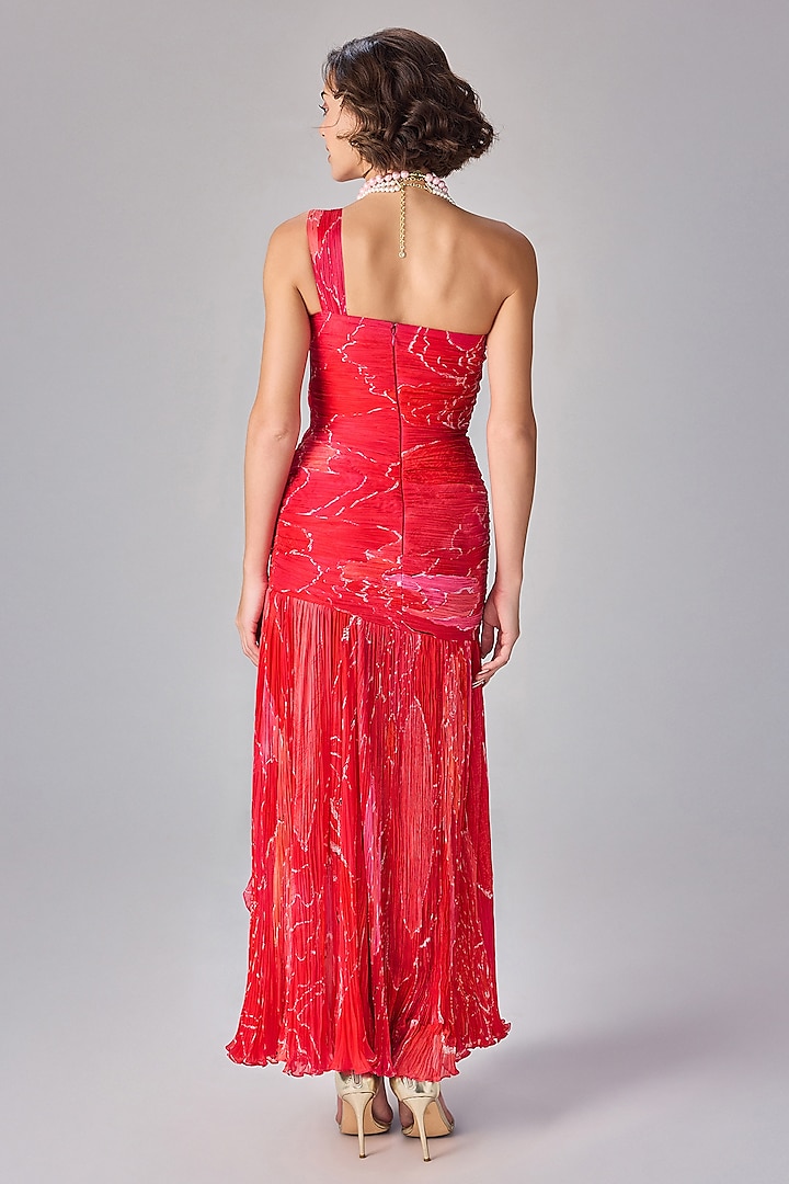 Pink Chiffon Abstract Floral Printed One-Shoulder Maxi Cocktail Dress by Saaksha & Kinni at Pernia's Pop Up Shop