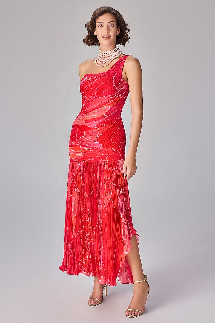 Pink Chiffon Abstract Floral Printed One-Shoulder Maxi Cocktail Dress by Saaksha & Kinni at Pernia's Pop Up Shop