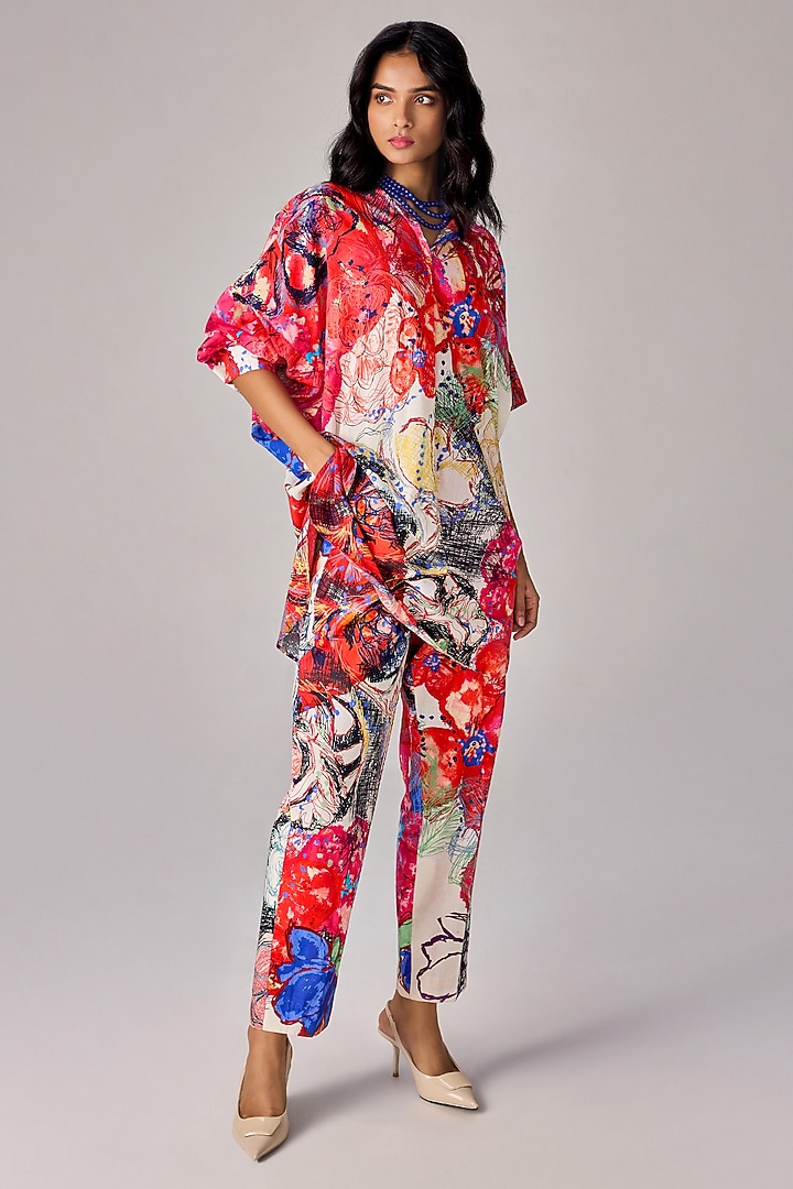 Multi-Colored Cambric Abstract Floral Printed Asymmetric Tunic Set by Saaksha & Kinni at Pernia's Pop Up Shop