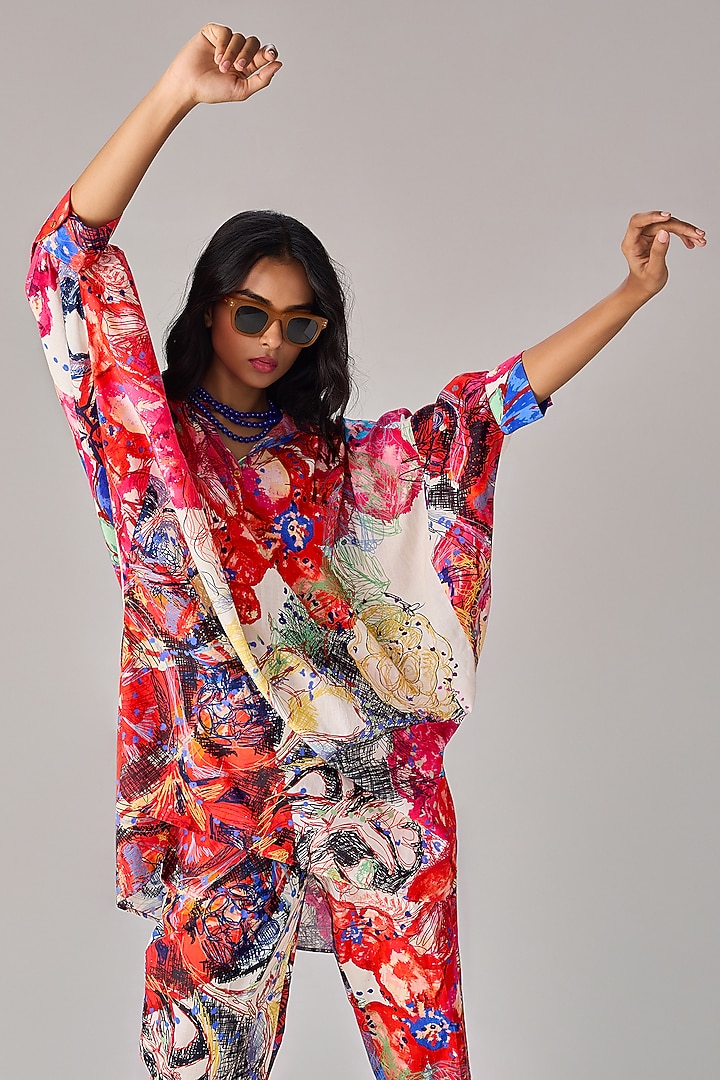 Multi-Colored Cambric Abstract Floral Printed Asymmetric Tunic Set by Saaksha & Kinni at Pernia's Pop Up Shop
