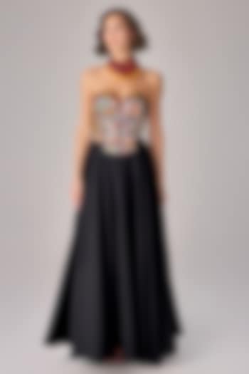 Black Taffeta Pleated Maxi Skirt Set by Saaksha & Kinni at Pernia's Pop Up Shop