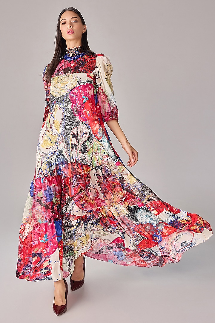 Multi-Colored Chiffon Abstract Floral Printed Tiered Vacation Dress by Saaksha & Kinni at Pernia's Pop Up Shop