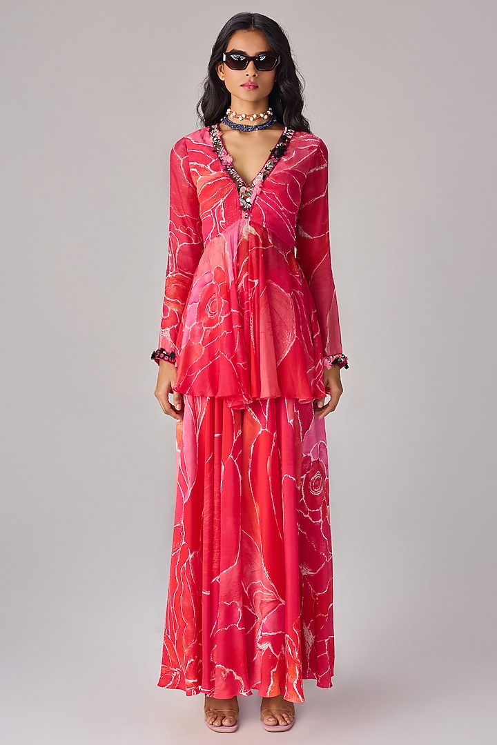Pink Crepe Abstract Floral Printed Co-Ord Set by Saaksha & Kinni at Pernia's Pop Up Shop