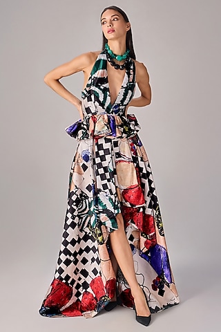 Multi-Colored Taffeta Abstract Printed Asymmetric Skirt Set by Saaksha & Kinni