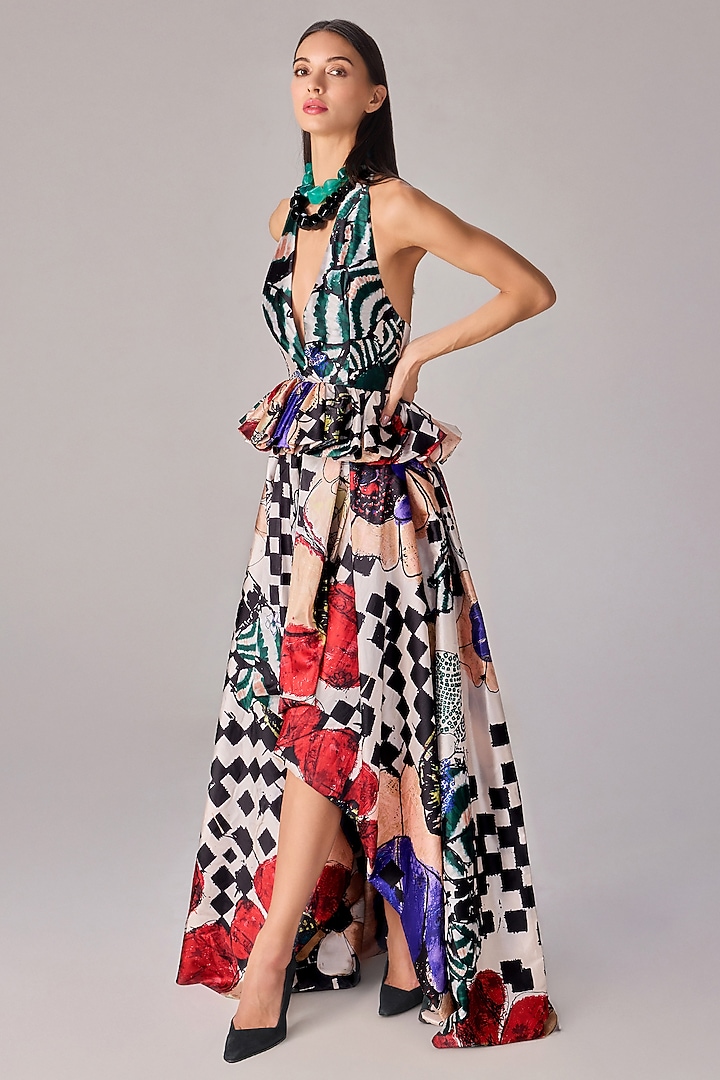 Multi-Colored Taffeta Abstract Printed Asymmetric Skirt Set by Saaksha & Kinni at Pernia's Pop Up Shop