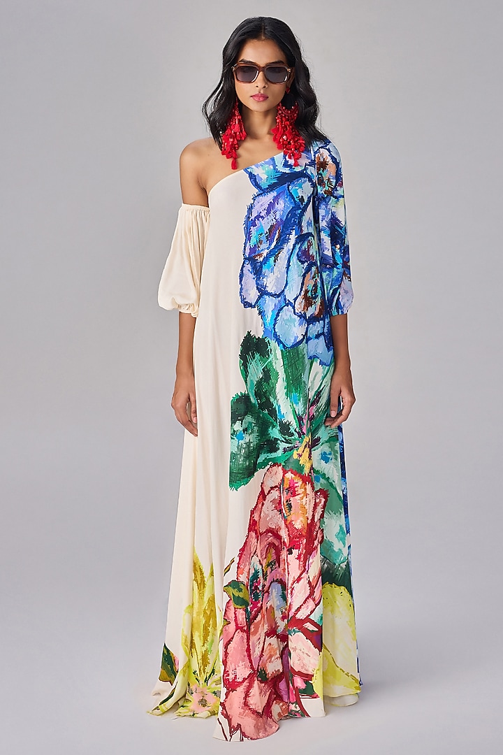 Multi-Colored Crepe Floral Printed One-Shoulder Maxi Dress by Saaksha & Kinni at Pernia's Pop Up Shop
