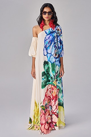 Multi-Colored Crepe Floral Printed One-Shoulder Maxi Dress by Saaksha & Kinni