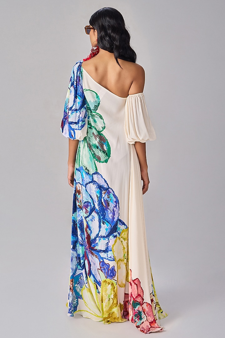 Multi-Colored Crepe Floral Printed One-Shoulder Maxi Vacation Dress by Saaksha & Kinni at Pernia's Pop Up Shop